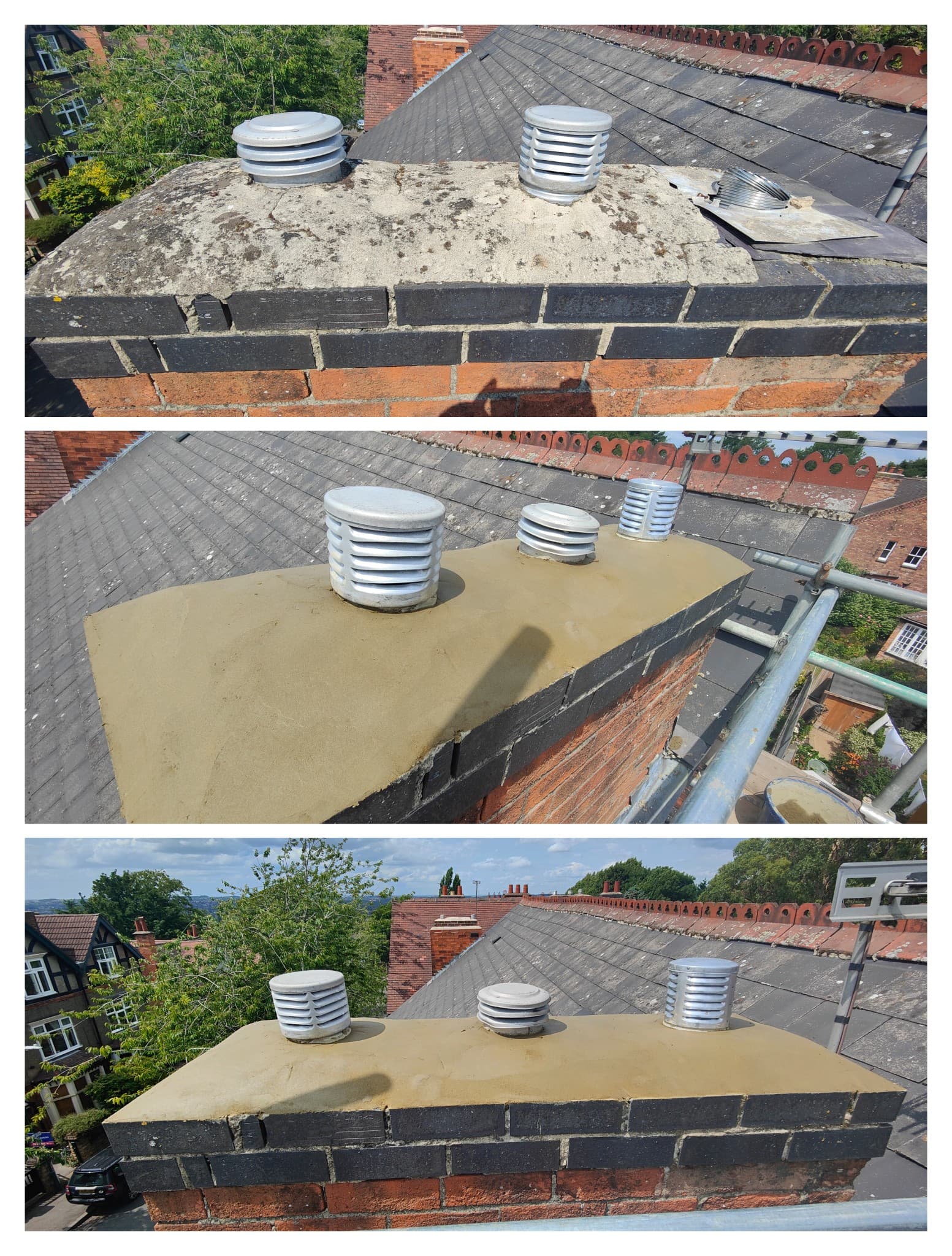 Chimney repair photographed before, during, and after