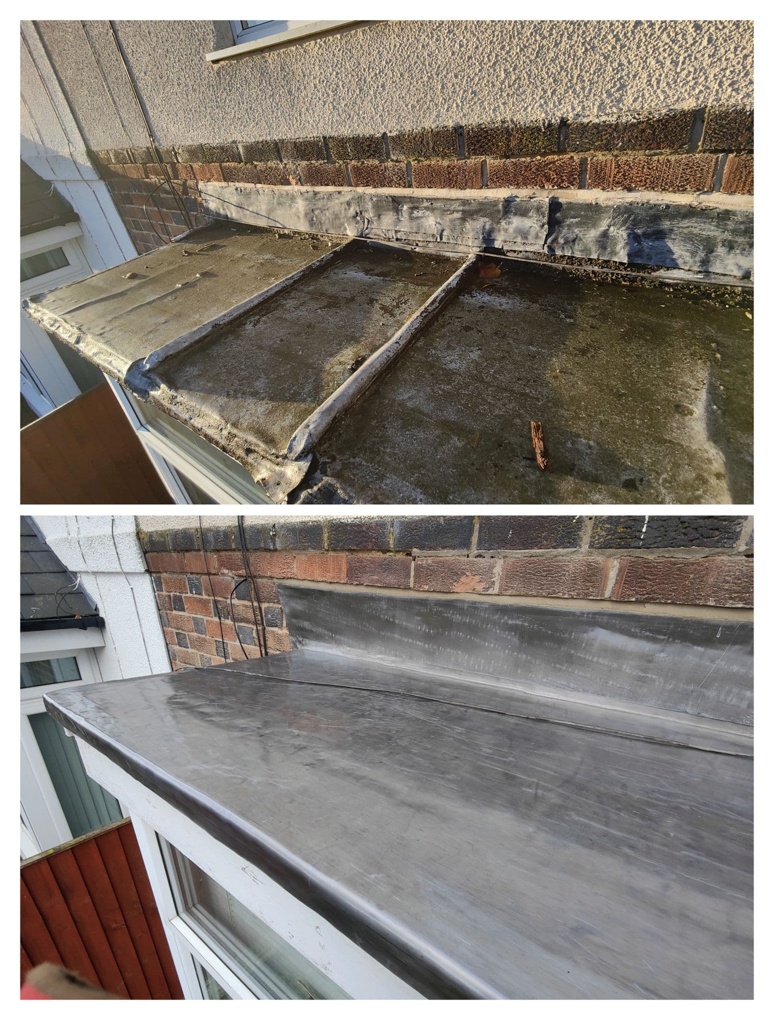 Flat roof above a bay window before and after renewal, showing new grey GRP fibreglass covering