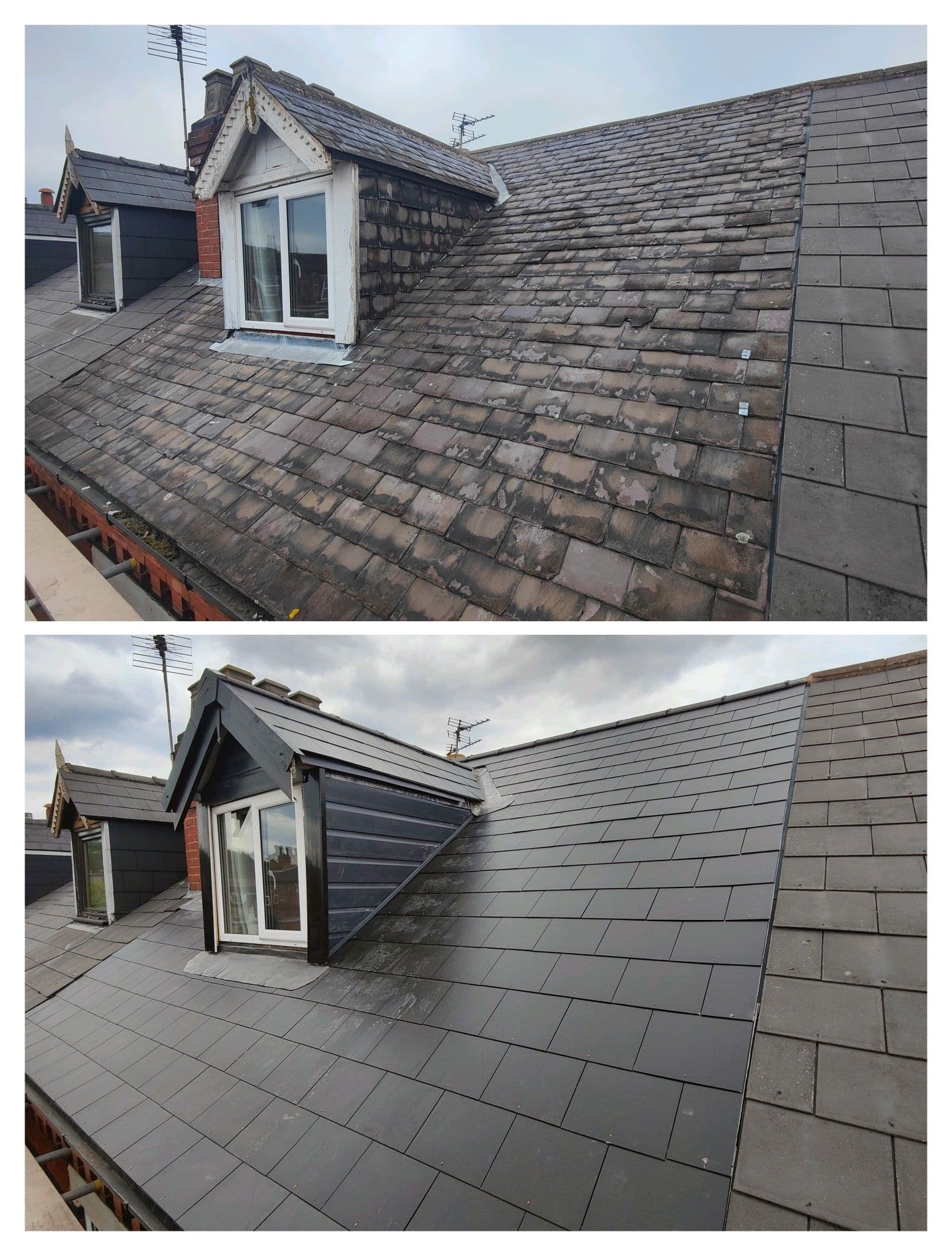 Pitched roof with dormer window before and after a full re-roof, showing new tiles and re-clad dormer cheeks