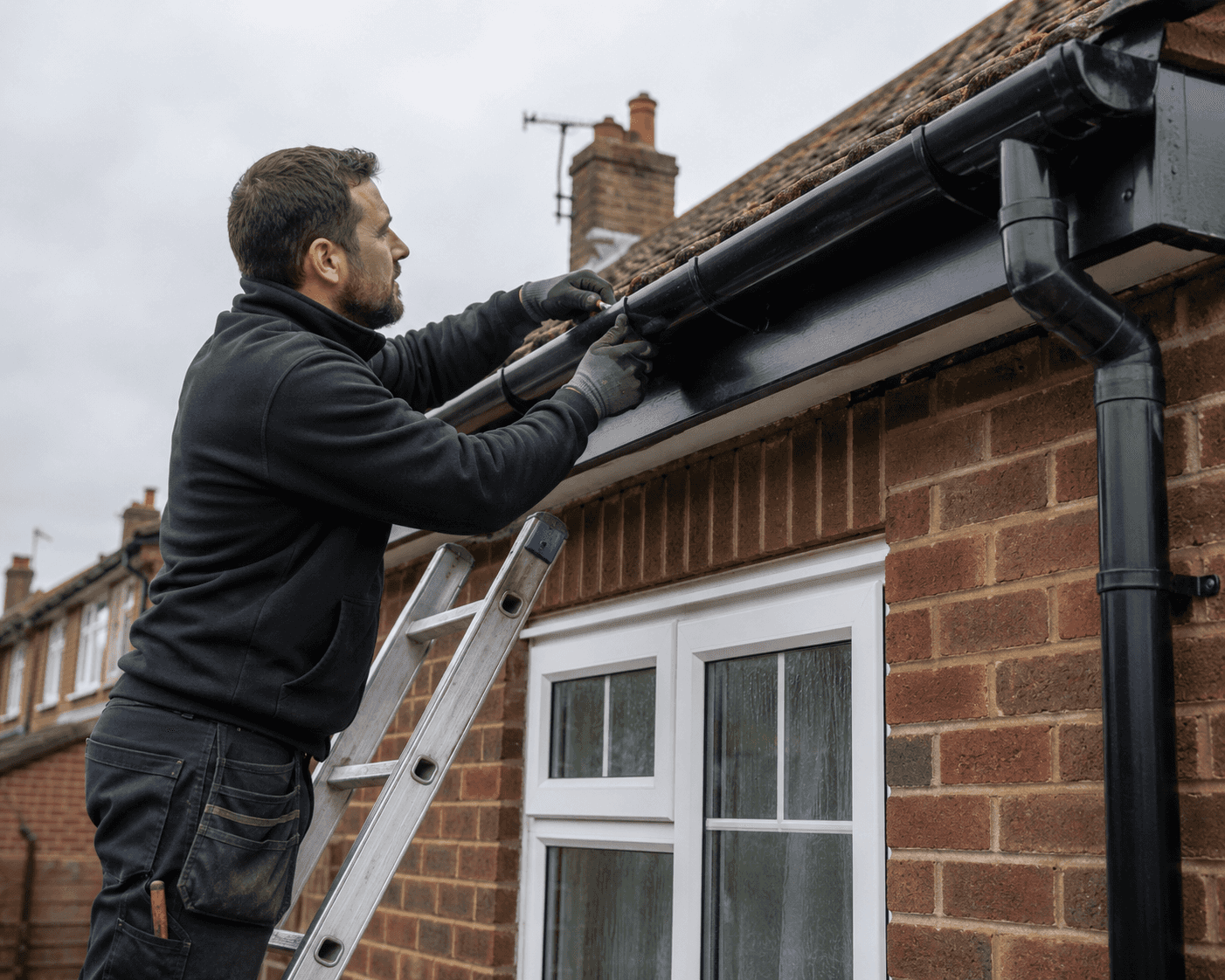 A man on a ladder working on some guttering