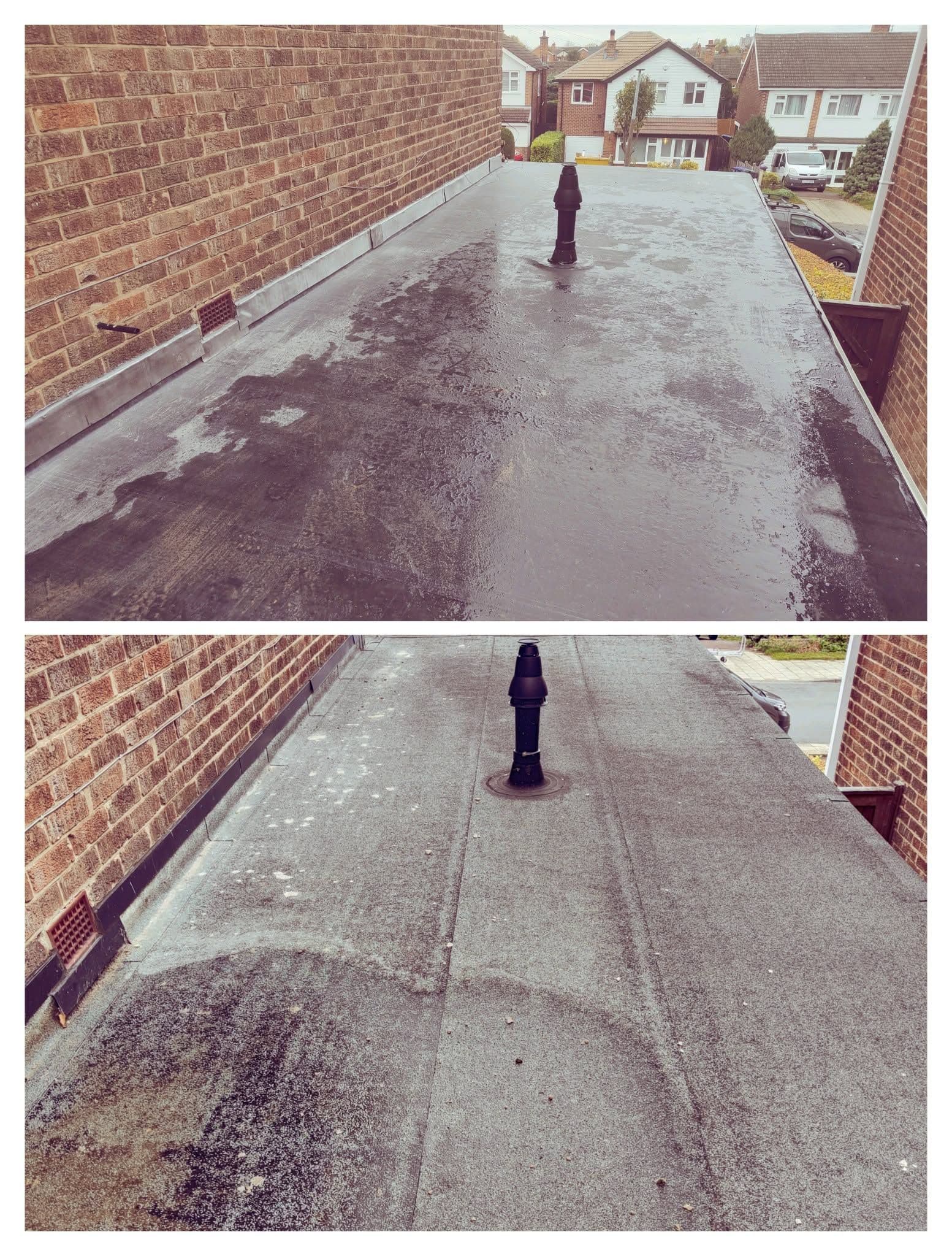 New black EPDM rubber roof, wet and dry sections shown, with new fascia and lead vent pipe visible