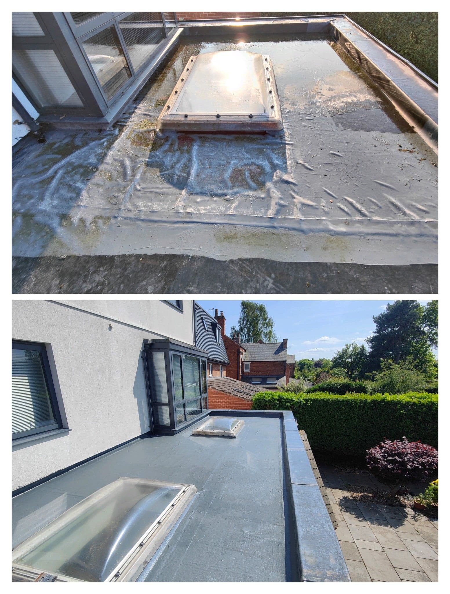 Flat roof with two dome roof lights before and after renewal, showing a new grey GRP covering