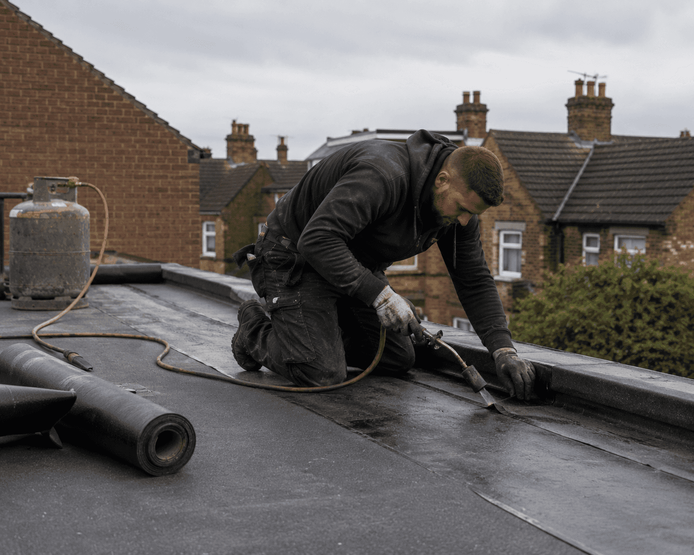 A man using a torch on a flat roof